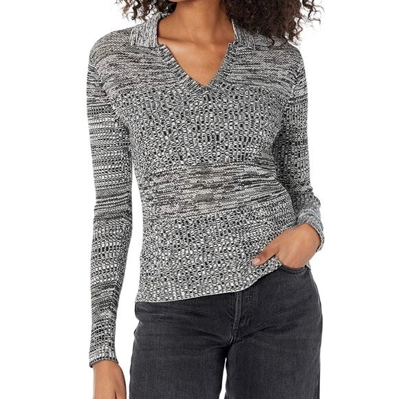 Club Monaco Sweater Black & White Mix Stitch Johnny Collar Pullover Size Medium - Picture 16 of 16